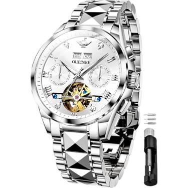 Imagem de OUPINKE Relógio de pulso masculino automático, luxuoso, luminoso, diamante, esqueleto, mecânico, branco, mostrador clássico, automático, à prova d'água, calendário de tungstênio, aço inoxidável, rosto