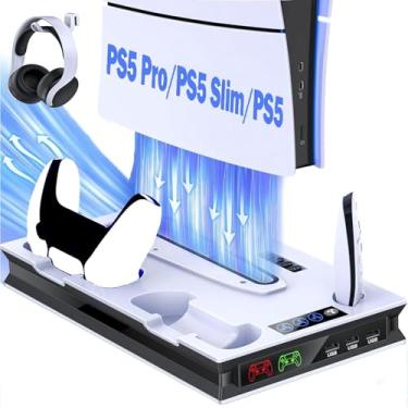Imagem de Suporte para PS5 com 2 Ventoinhas de Resfriamento, Estação de Carregamento de Controle Duplo Rápido PS5, Acessórios Playstation 5, Suporte Vertical para PS5/PS5 Slim/Pro