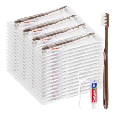 Imagem de LLHQAMT Escovas de dentes descartáveis com pasta de dente, kit de escova de dentes para viagem, embalado individualmente, marrom, com palhetas de fio dental, adequado para hotel, casa, acampamento