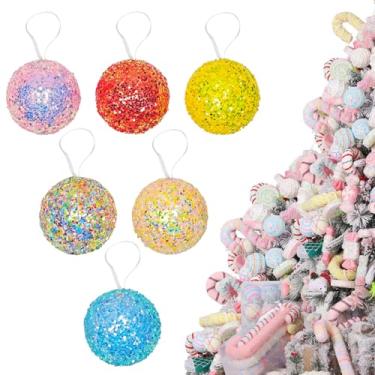 Imagem de LANGXUN 6 peças de decoração de árvore de Natal Candy Land 2025, decoração de festa, bengala doce, enfeites de Natal, artesanato (bola arco-íris de 8 cm)
