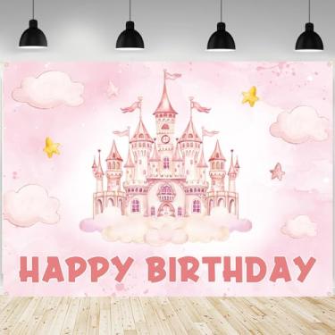 Imagem de AIBIIN Decoração de festa de aniversário de princesa feliz para meninas, castelo, fundo fotográfico, nuvem rosa, decoração de festa de princesa, banner, adereços para cabine fotográfica, suprimentos