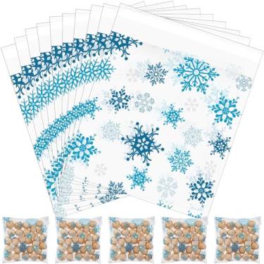 Imagem de Blulu 300 sacos de biscoito de Natal, floco de neve, celofane, sacos de doces brancos, autoadesivos, plástico transparente, bolsa de embrulho para presente de Natal, casamento, festas de fim de ano