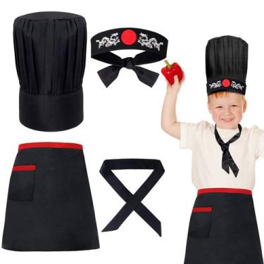 Imagem de Hibachi Chef Costume Keymall Kids com chapéu, bandana, avental e grava