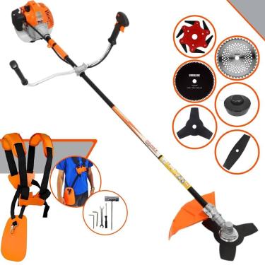 Imagem de Roçadeira À Gasolina Vulcan VR520H 2T 52cc 2,5HP Alta Rotação Com Cabeçote Nylon + Facas 2 Pontas, 3 Pontas, 6 Pontas, 40 Dentes de Vídea e 80 Dentes