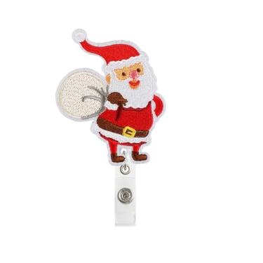 Imagem de Carretel de crachá de Natal engraçado retrátil com agulha de feltragem de Papai Noel retrátil com clipe de identificação para enfermeira médica, etiqueta de nome de Papai Noel, clipe de crocodilo de