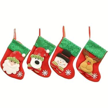 Imagem de BooJees Pacote com 4 meias de Natal, meias de Natal trompete com urso de rena de boneco de neve de Papai Noel para decoração de lareira e bolsa de doces (verde vermelho)