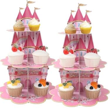 Imagem de 2 peças de suporte castelo de 3 camadas, suporte de cupcake de papelão – fácil de montar e reutilizável (castelo rosa)