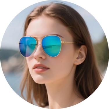 Imagem de Óculos de sol aviador com armação de metal unissex piloto clássico leve vintage retrô viagem dirigir praia óculos, Armação dourada, lente azul