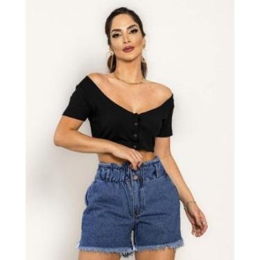 Imagem de SHORTS FEMININO JEANS MOM CÓS LARGO DE ELÁSTICO E BARRA DESFIADA    22349_x005F_x000D_
 38 CLARA U-Feminino