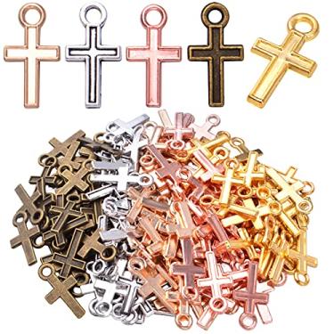 Imagem de 50 peças mini pingentes de cruz liga crucifixo religioso pingente de cruz acessório para fazer joias para brincos faça você mesmo, pulseira, colar, chaveiros, artesanato, decoração artesanal, 5 cores