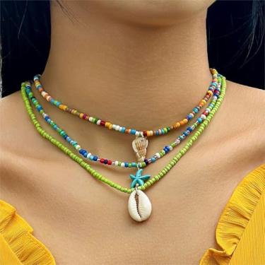 Imagem de 3 colares com contas de concha de concha, correntes em camadas com tema oceânico, conjunto de joias de praia inspirado no litoral, colar náutico ajustável para mulheres, colares feitos à mão com
