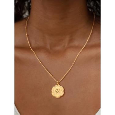 Imagem de Colar feminino banhado a ouro 14K com pingente de alfabeto banhado a ouro 14 K com letras e contas, Medium, Latão, Sem Pedra Preciosa