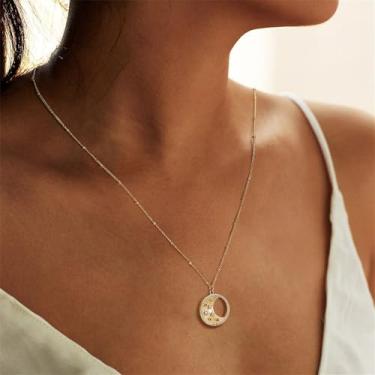 Imagem de Colar feminino com pingente de ouro banhado a ouro 14K CZ lua estrela delicada colar, Medium, Latão, Sem Pedra Preciosa