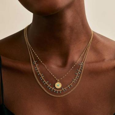 Imagem de Colar feminino banhado a ouro 14K - Colar delicado com contas turquesa e disco Sunburst, hipoalergênico personalizado, não mancha, joias modernas para presentes de aniversário de Natal, 14/16/18+2