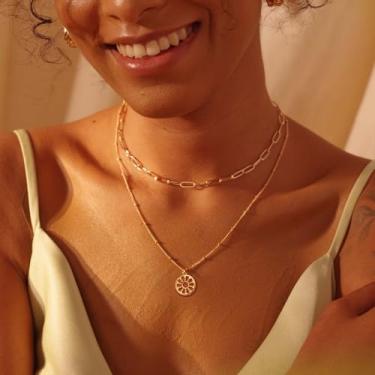 Imagem de Colar de bússola de ouro delicado em camadas para mulheres banhado a ouro 14 K, simples, minimalista, delicado, feito à mão, joias modernas, Medium, Latão, Sem Pedra Preciosa