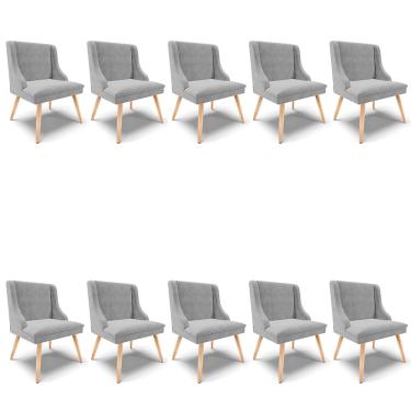 Imagem de Kit 10 Cadeiras de Jantar Liz Suede Cinza Pés Palito Natural D03 - D'Rossi