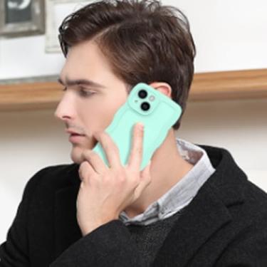 Imagem de Linda capa ondulada encaracolada para iPhone 15 de 6,1 polegadas com alça de pulso ajustável Slim Fit iPhone 15 capa com suporte de pulseira em forma de onda, ciano claro