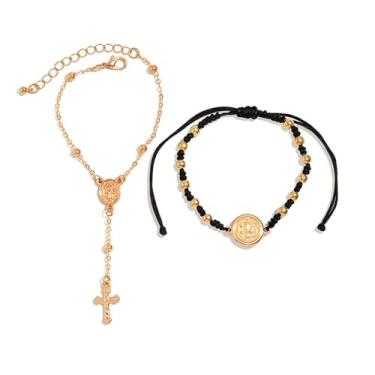 Imagem de QLYOVWE 2 peças crucifixo católico virgem maria rosário pulseira para mulheres banhado a ouro 14K Jesus cruz pilha pulseira religiosa oração amuleto joia presente para confirmação batismo primeira