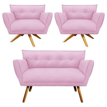 Imagem de Kit 01 Namoradeira E 02 Poltronas Anitta Suede Rosa Bebê