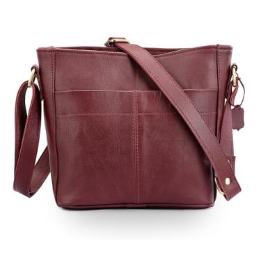 Imagem de URBAN LEATHER Bolsa tiracolo tiracolo feminina vintage, feita à mão, de couro legítimo, cruzada, bolsa, pequena, vinho, Borgonha, 8 inch(height) x 9.5 inch(width) x 2.5 inch(depth) x 4 inch(base)