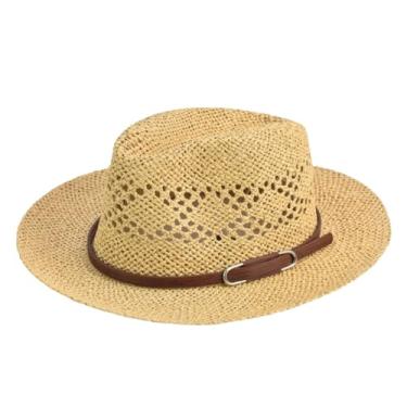 Imagem de Chapéu Fedora masculino de aba larga, chapéu de palha de praia, vazado, respirável, legal, feminino, chapéu de verão, bege escuro, tamanho regular