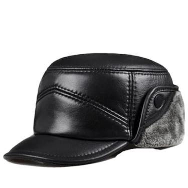 Imagem de Chapéus bomber masculinos espessos de inverno à prova de vento quente chapéu de couro genuíno boné de pele sintética, Preto, 58 59 CM
