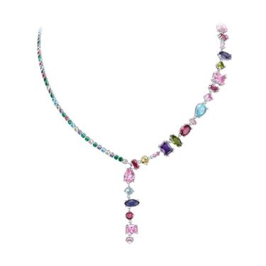 Imagem de Crysdue Colar moderno de zircônia cúbica, gota redonda, marquesa, corte esmeralda, multicolorido, irregular, em forma de Y, joia de formatura para mulheres