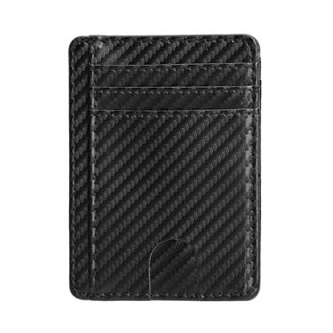 Imagem de Carteira de couro PU fina minimalista com bolso frontal com bloqueio de RFID para homens e mulheres, porta-cartões compacto e fino, Preto texturizado, Carteira RFID minimalista com bolso frontal