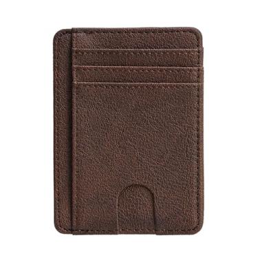 Imagem de Carteira de couro PU fina minimalista com bolso frontal com bloqueio de RFID para homens e mulheres, porta-cartões compacto e fino, Marrom, Carteira RFID minimalista com bolso frontal