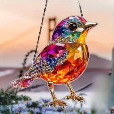 Imagem de 1 peça para pendurar apanhador solar de pássaros de acrílico colorido, decoração de janela de 19,8 cm com design de vitral impresso, arte de parede de criador de arco-íris, ideia de presente e