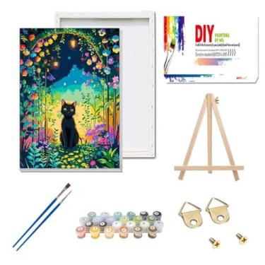 Imagem de Yunruily Kit de pintura por números para adultos com moldura - Pintura engraçada de gato por número para adultos, kits de pintura por números para adultos com cavalete de madeira para decoração de