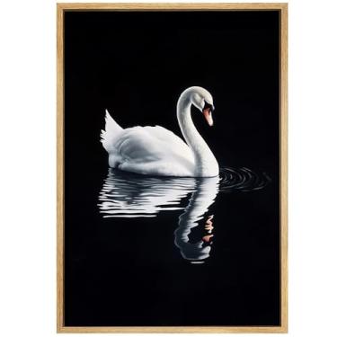 Imagem de Cisne Branco Imagem de Fundo Preto Pinturas de Animais Antigos Pôster Dark Moody Tela Retrô Animal Cisne Água Arte de Parede Escuro Academia Arte de Animais do Lago Impressões para Sala de Estar 40 x