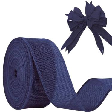 Imagem de JaoZuyard Fita de serapilheira azul marinho 5 cm x 20 jardas fita de linho natural faça você mesmo à mão com fio grinalda de produção de decoração de férias fitas de presente para embrulho de presente