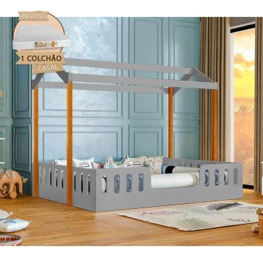 Imagem de Cama Infantil Com Colchão Casal Casinha Segura Montessoriana ágatha Cinza E Mel