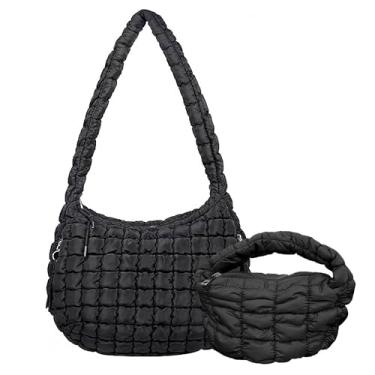 Imagem de Bolsa tiracolo acolchoada para mulheres - acolchoada, inchada e moderna - Bolsas de ombro - Tamanhos grandes e médios - Bolsa gratuita para pessoas - exclusiva com uma mini bolsa bufante (preto)
