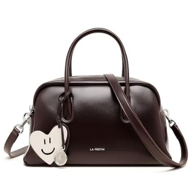 Imagem de LA FESTIN Bolsa de ombro de couro com alça superior para mulheres, bolsas transversais fofas com alça removível, bolsas de couro genuíno, Marrom, Designer