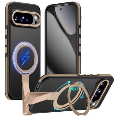 Imagem de TIANNIUKE Capa para Google Pixel 10 Pro XL, suporte magnético giratório de 360° com alça de silicone, adequado para capa de telefone MagSafe Mil-Grade à prova de choque translúcida fosca fosca (ouro