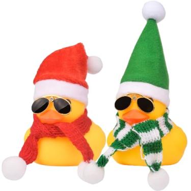 Imagem de MuMyer Enfeites de carro de pato de borracha, pacote com 2 decorações de painel de carro de pato para decoração de Natal e decorações de casa com chapéu e cachecol e óculos de sol (9 cm)