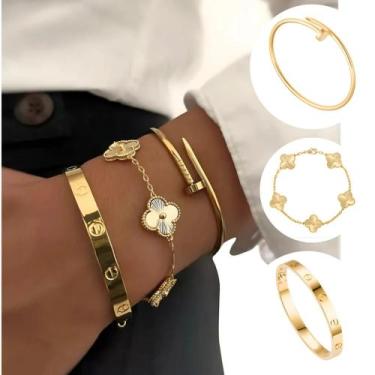 Imagem de Kit 3 Pulseiras Bracelete Aço Inox Trevo Love Prego Banho de Ouro 18k 