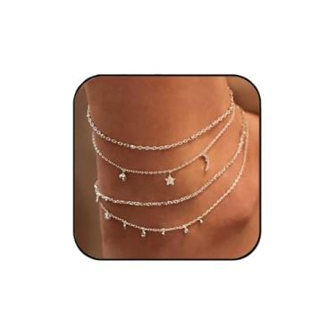 Imagem de Aluinn Conjunto de tornozeleira dourada – pulseiras ajustáveis de strass, estrela e lua, joias de praia e festa à prova d'água presentes para mulheres