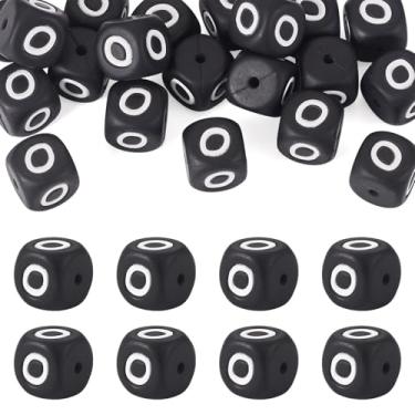 Imagem de FASHEWELRY 20 peças de contas de silicone com letra O em cubo preto, 12 x 12 x 12 mm, contas quadradas do alfabeto com orifício de 2 mm, contas de iniciais de vogal para pulseira, colar, contas