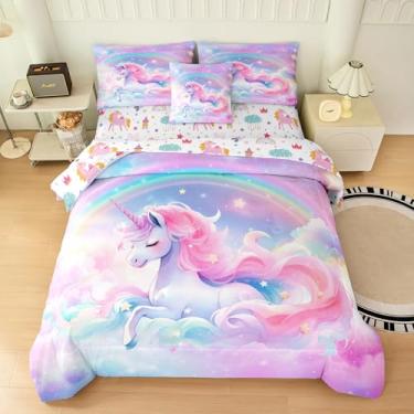 Imagem de MWMWMW Jogo de cama solteiro de unicórnio kawaii, rosa e arco-íris, para meninas e crianças, conjunto de cama solteiro com edredom, fronha, lençol e capa de travesseiro