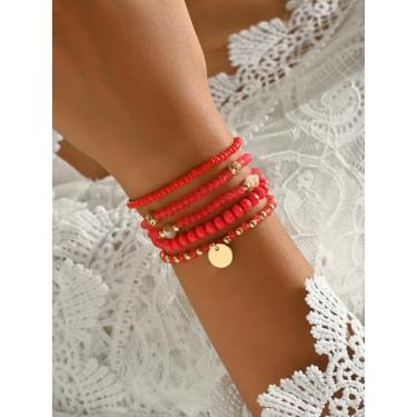 Imagem de Pulseiras femininas empilháveis Boho com contas, conjunto de pulseiras elásticas em camadas vermelhas, pingente de contas douradas, pulseiras modernas de amizade, joias boêmias ajustáveis para