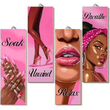 Imagem de Honoson Conjunto de 4 peças de arte de parede preto menina rosa afro-americana feminino pendurado pôster rosa e preto decoração de parede de banheiro para quarto decoração de sala de estar 10 x 30 cm