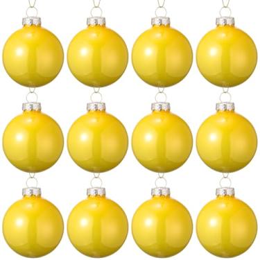 Imagem de 12 peças de enfeites de bola de Natal de vidro amarelo, 6 cm, decoração de árvore de Natal inquebrável com laço para pendurar e corda, bola decorativa de Natal para decorações de guirlanda de