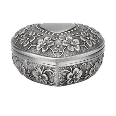 Imagem de Caixa de joias vintage de metal em forma de coração esculpida flor antiga colar brinco organizador de armazenamento presente romântico para casamento dia dos namorados liga de