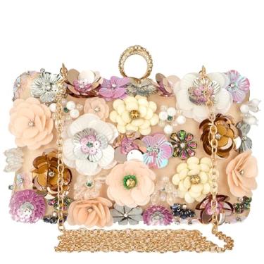 Imagem de Bolsas femininas florais para noite coloridas com strass e flores, bolsa de mão floral para casamento, bolsa de ombro de corrente longa, Champ.gold, Medium