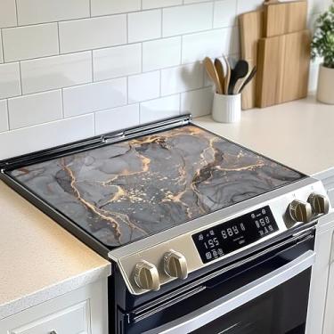 Imagem de Protetor de tampa superior de fogão elétrico de mármore cinza dourado, tapete de fogão plano de vidro, tapete de fogão de indução de forno resistente ao calor para tapetes de bancada de cerâmica