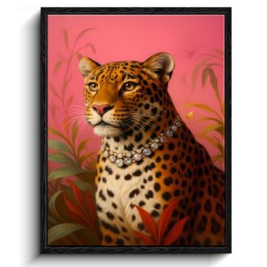 Imagem de Arte de parede de colar de leopardo com joia, retrato de fundo rosa, decoração de parede glamourosa, impressão em tela emoldurada com acabamento fosco, arte de pôster de animal, para presente de