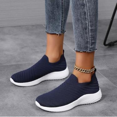 Imagem de Tênis de caminhada feminino, sem cadarço, confortável, antiderrapante, para corrida, tênis de treino, leve, atlético, academia, tênis, Azul escuro, 37